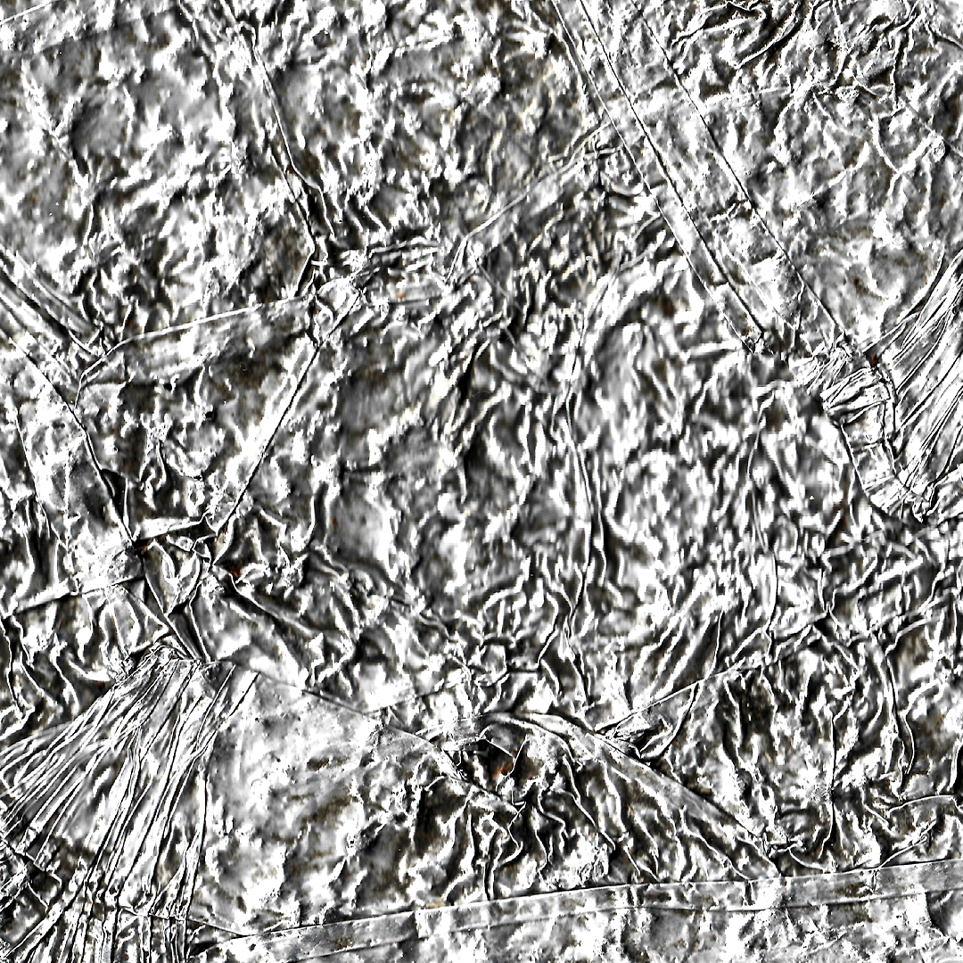 A closeup square cropped scan of a crumpled aluminium takeaway container. It is clean, the metal is unpredictably folded so that it looks like a helicopter's view of a mountain range, the white glint of metal the peaks of the mountain, the dark shadowed folds the valleys